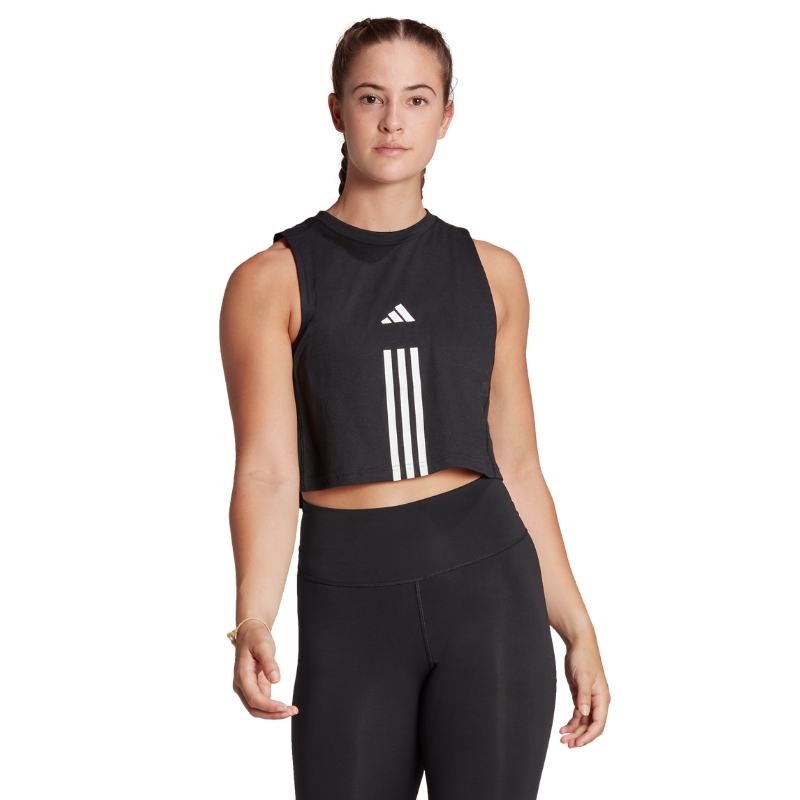 Adidas Train Essentials Train Cotton Cropped 3 Stripes Tank Top - Black/White