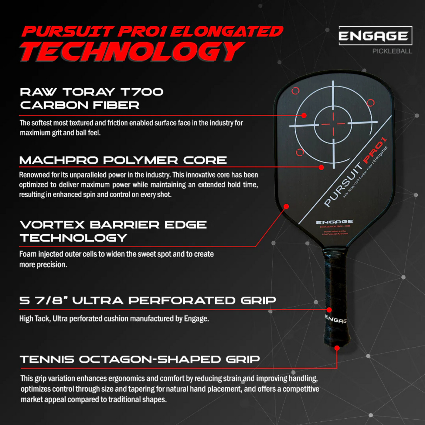 Engage Pursuit Pro 1 6.0 Elongated Power Series Raw T700 Carbon Fiber Pickleball Paddle